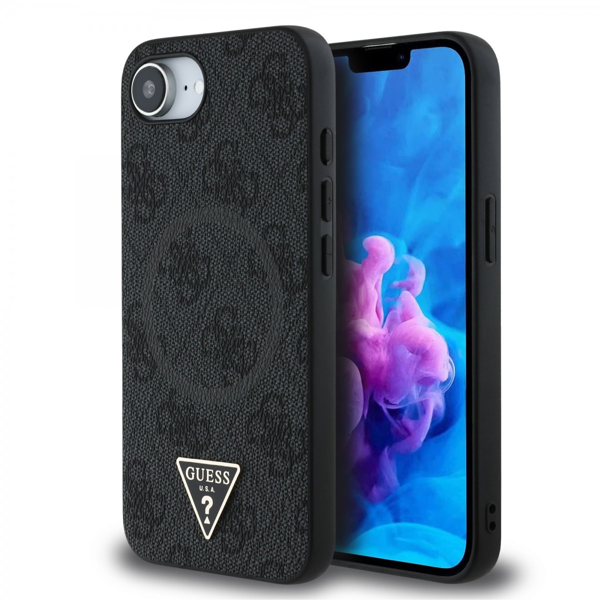 Zadný kryt Guess PU 4G Strass Triangle Metal Logo pre iPhone 16e Black