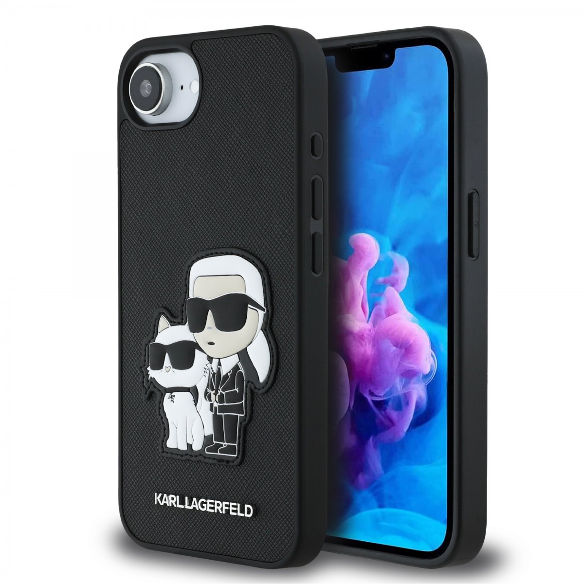 Zadný kryt Karl Lagerfeld PU Saffiano Karl a Choupette pre iPhone 16e Čierny