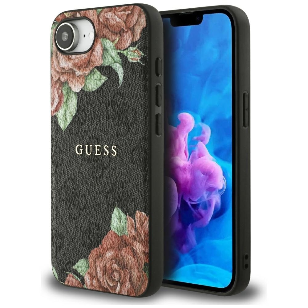 Zadný kryt GUESS 4G Flowers Print MagSafe pre iPhone 16e čierny