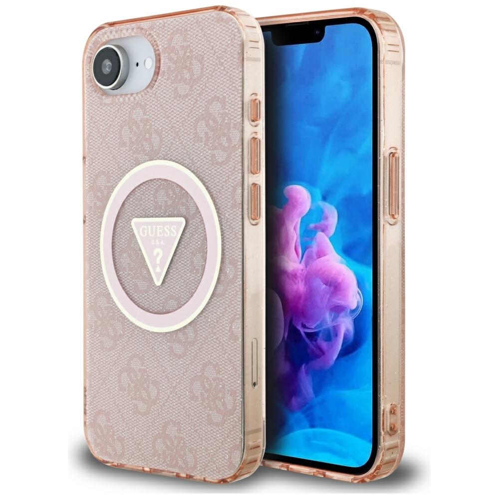 Zadný kryt GUESS IML Metal Glitter 4G Circle Triangle MagSafe pre iPhone 16e ružový