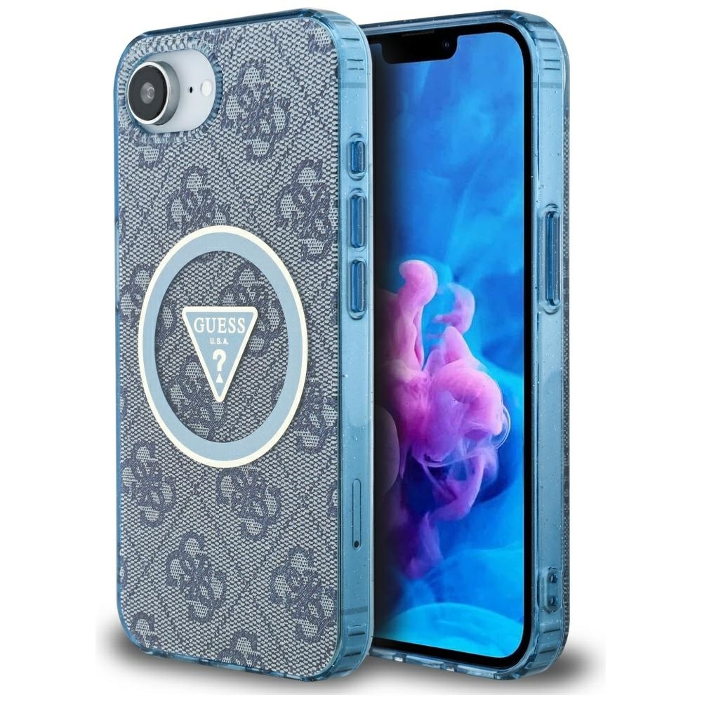 Zadný kryt GUESS IML Metal Glitter 4G Circle Triangle MagSafe pre iPhone 16e modrý