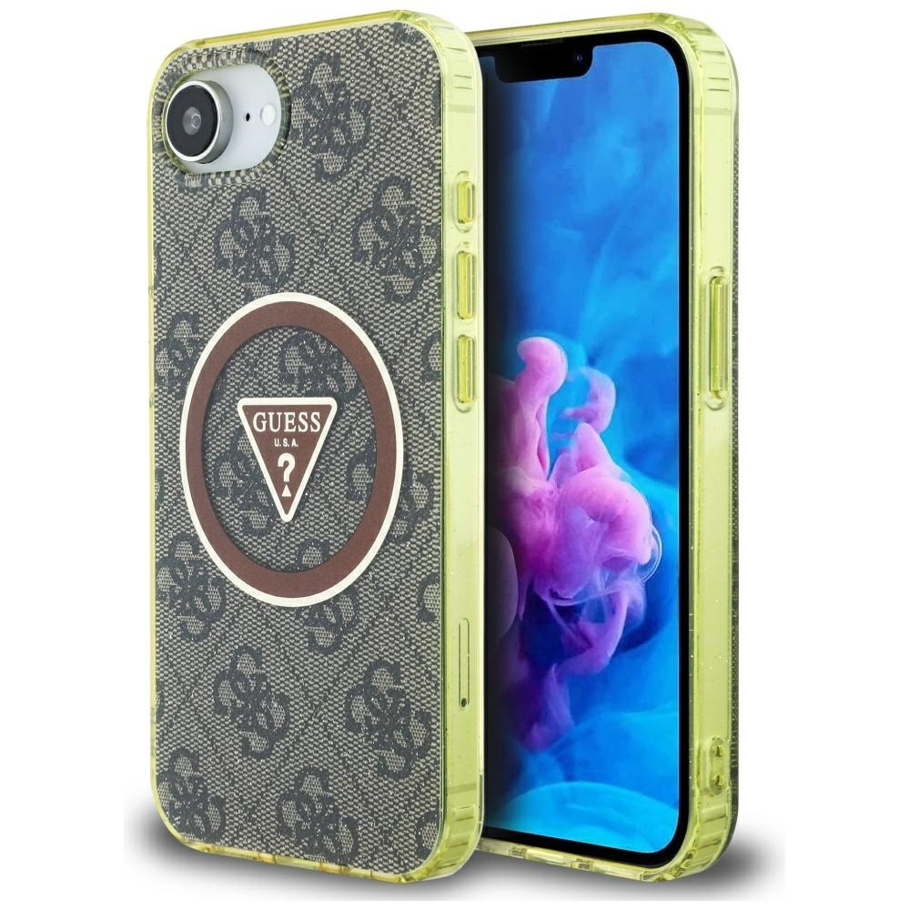 Zadný kryt GUESS IML Metal Glitter 4G Circle Triangle MagSafe pre iPhone 16e hnedý