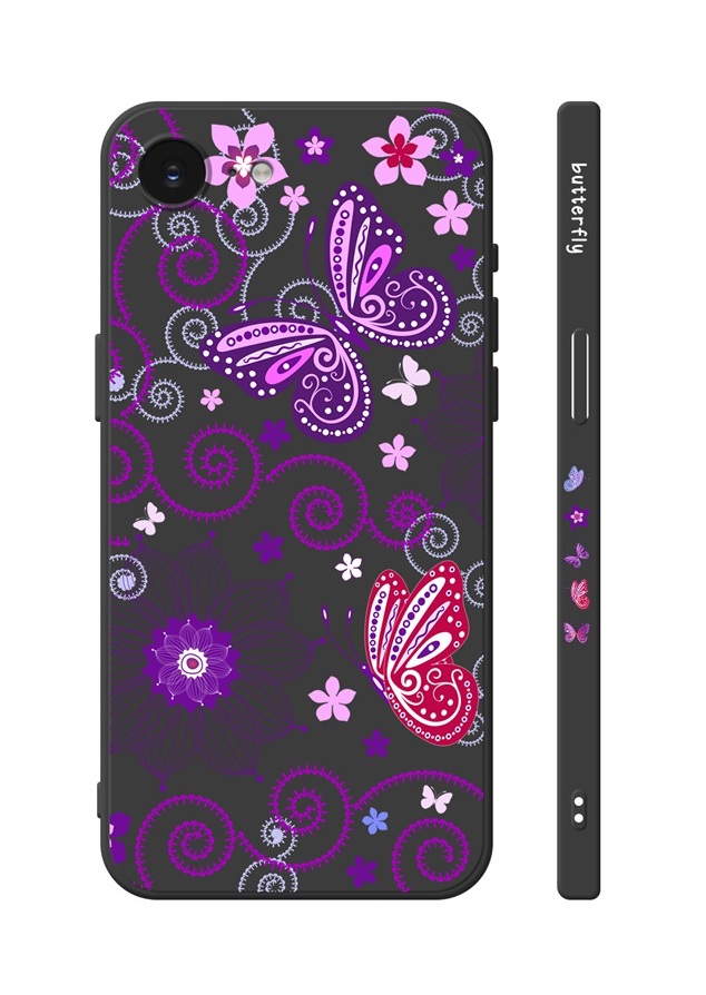 Zadný kryt Design na iPhone 16e Fialoví motýliky čierny