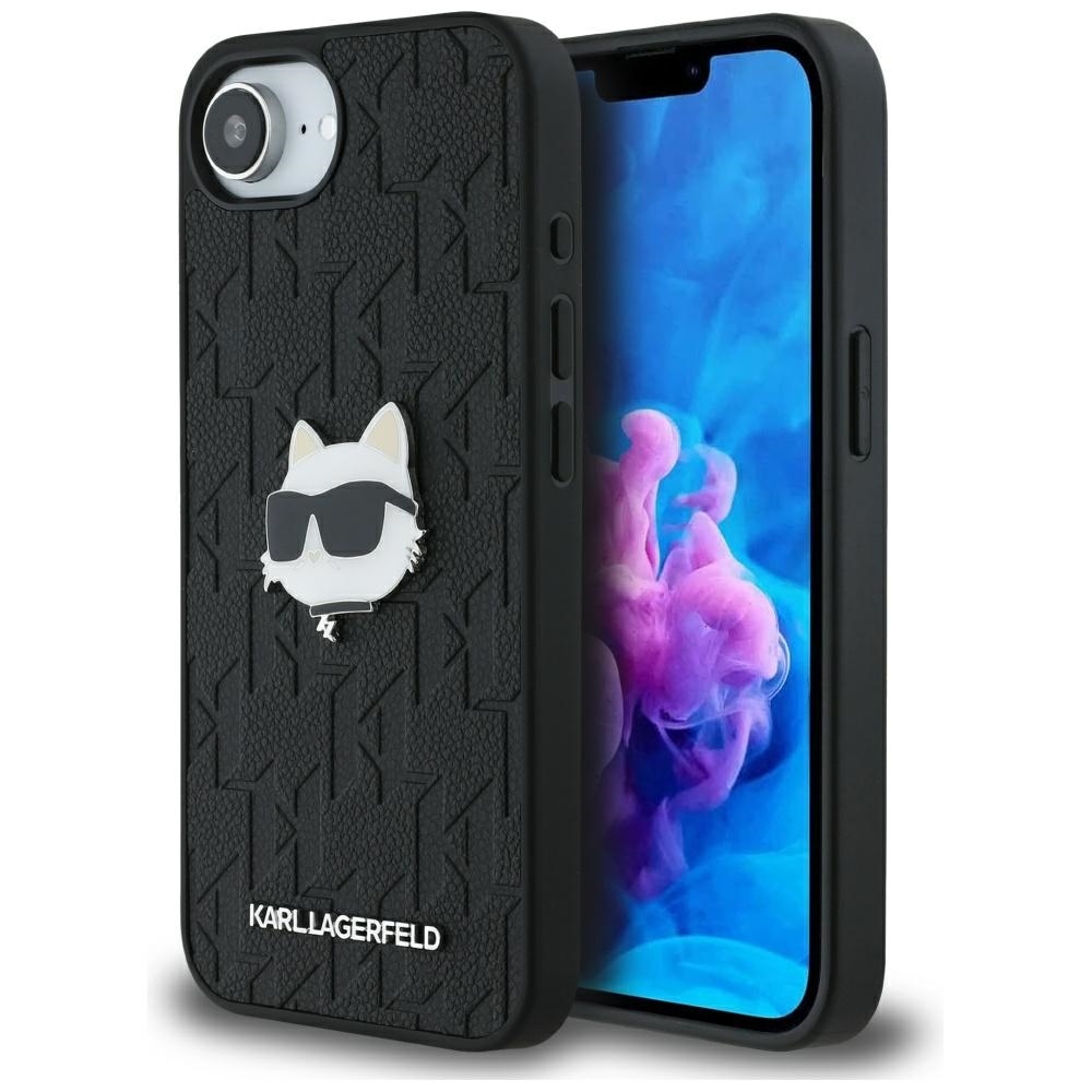 Zadný kryt KARL LAGERFELD Monogram Choupette Head Pin pre iPhone 16e čierny