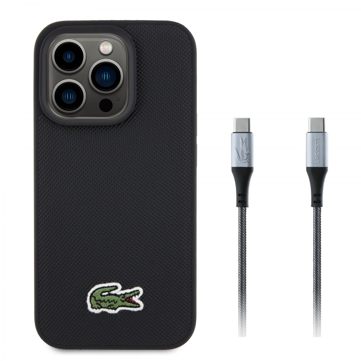 Zadný kryt Lacoste Iconic Petit Pique Woven Logo MagSafe pre iPhone 15 Pro Black + dátový kábel USB-C/USB-C