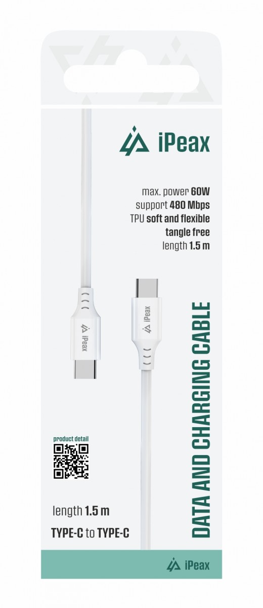 TPU kábel iPeax USB-C - USB-C 1,5 m, USB 2.0 biely