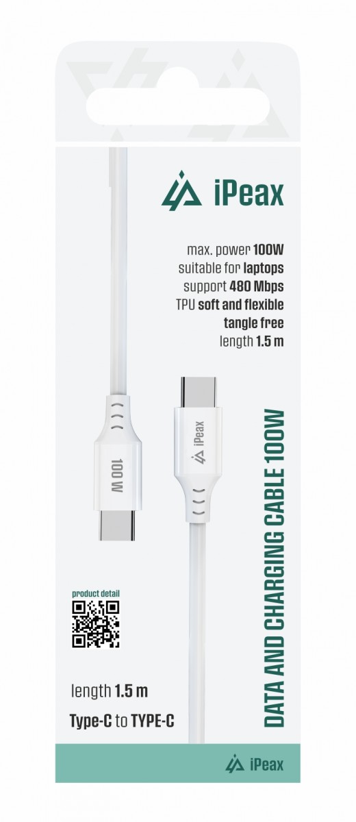 TPU kábel iPeax USB-C - USB-C 1,5 m, 5A, 100W biely
