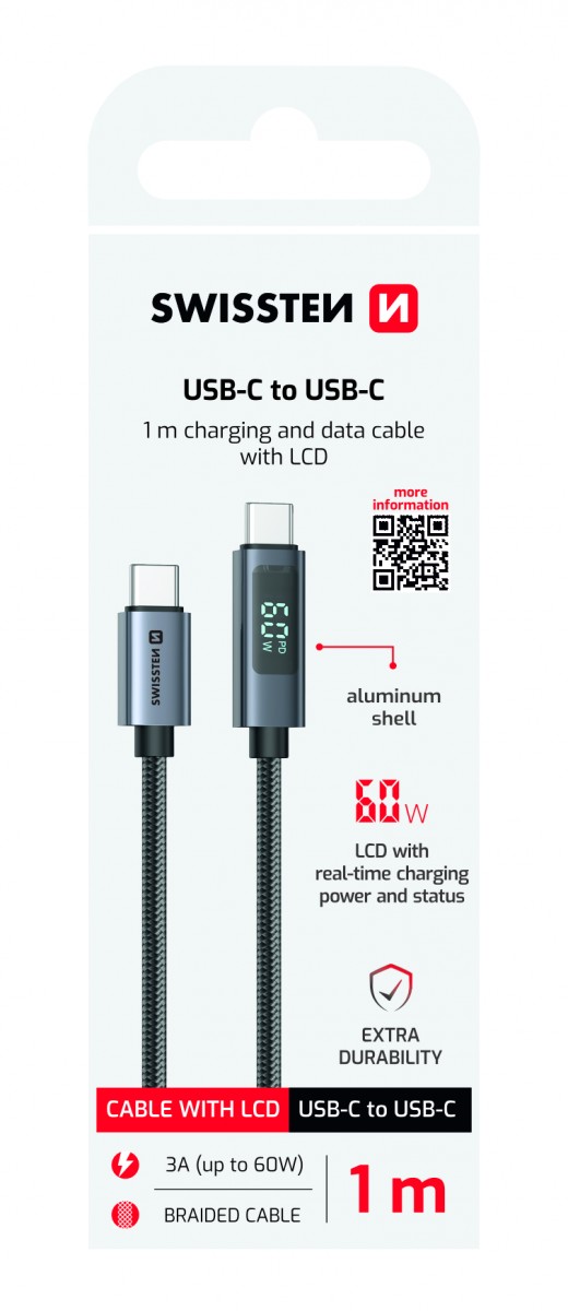 Dátový kábel Swissten LCD USB-C - USB-C 1 m