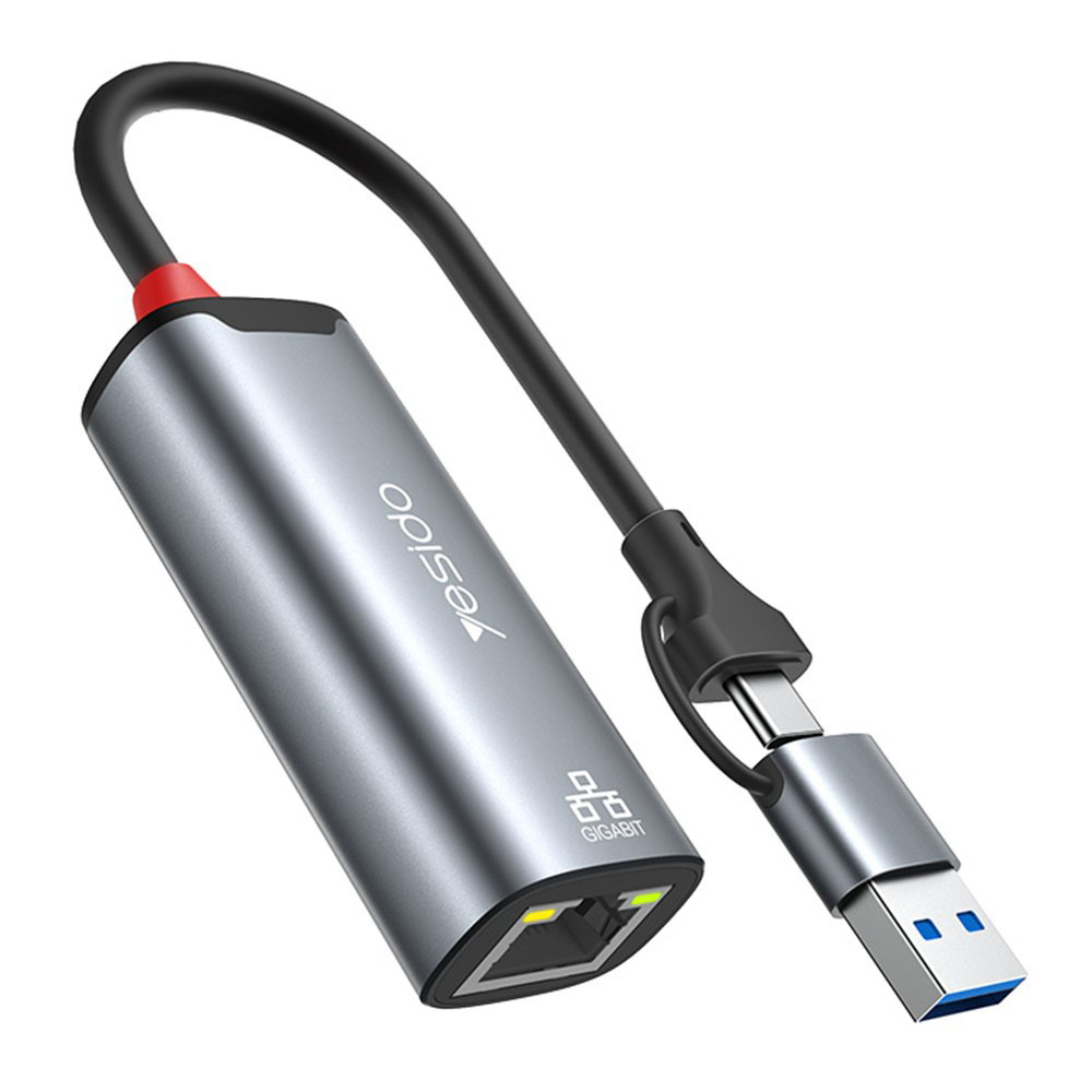 Yesido Ethernet Adapter HB26 USB Type C na RJ45 pre Windows MacOS Linux 1000Mbps sivý