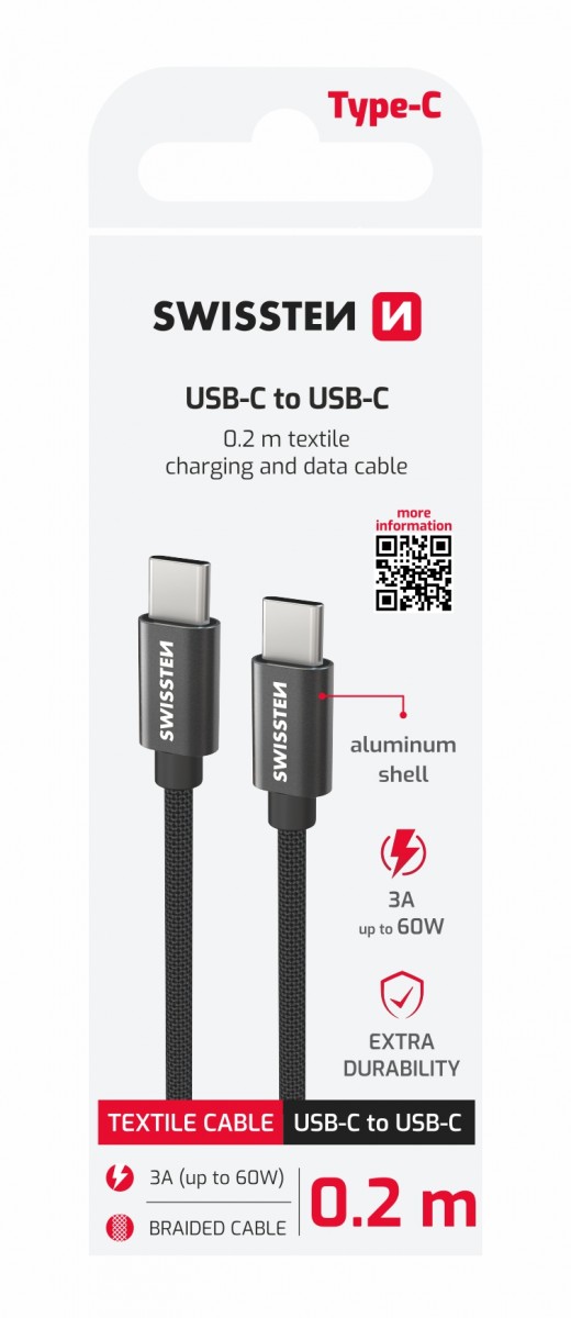 Dátový kábel Swissten textilný usb-c / usb-c 0.2 m čierny