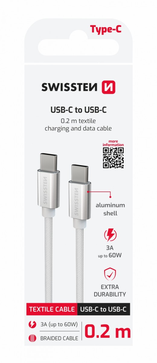 Dátový kábel Swissten textilný usb-c / usb-c 0.2 m strieborný