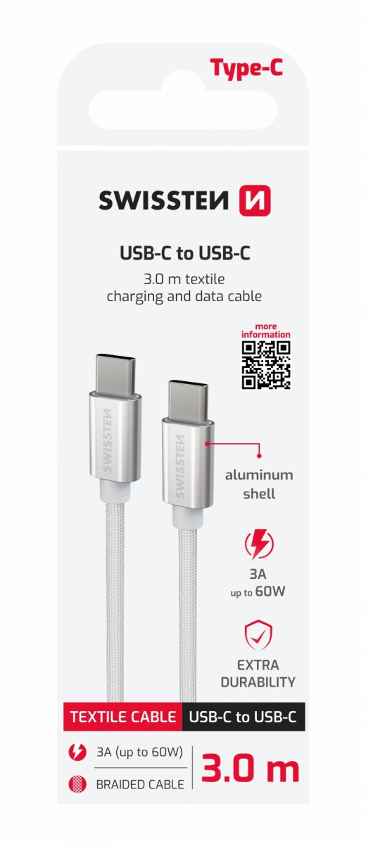 Dátový kábel Swissten textilný usb-c / usb-c 3.0 m strieborný
