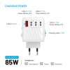 Cestovný adaptér FIXED Voyager 85W pre EÚ UK a USA/AUS s výstupom 4xUSB-C a 1xUSB GaN PD 85W biely