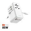 Cestovný adaptér FIXED Voyager 85W pre EÚ UK a USA/AUS s výstupom 4xUSB-C a 1xUSB GaN PD 85W biely