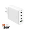 Sieťový GaN adaptér FIXED s 3× USB‑C a USB výstupom, podpora PD 3.0, 120 W, biely