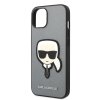 Karl Lagerfeld Saffiano puzdro iPhone 14 Plus strieborné Karlova hlava