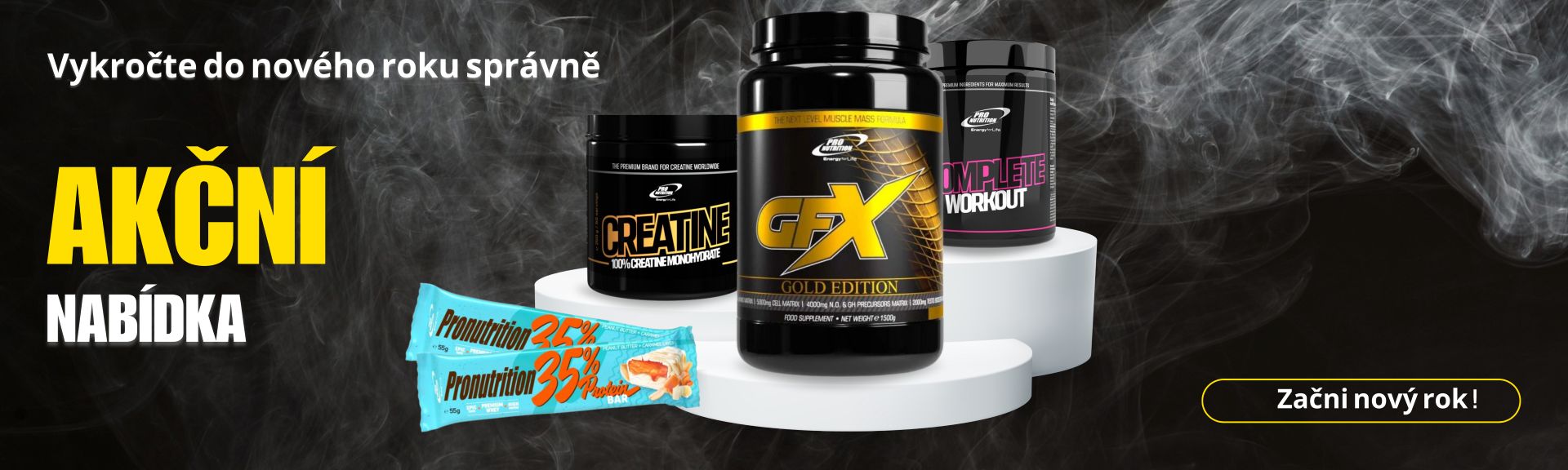 Akční nabídka sportovní výživy – kreatin, gainer GFX Gold Edition, předtréninkový suplement a proteinová tyčinka Pronutrition, promo banner se sloganem Začni nový rok.