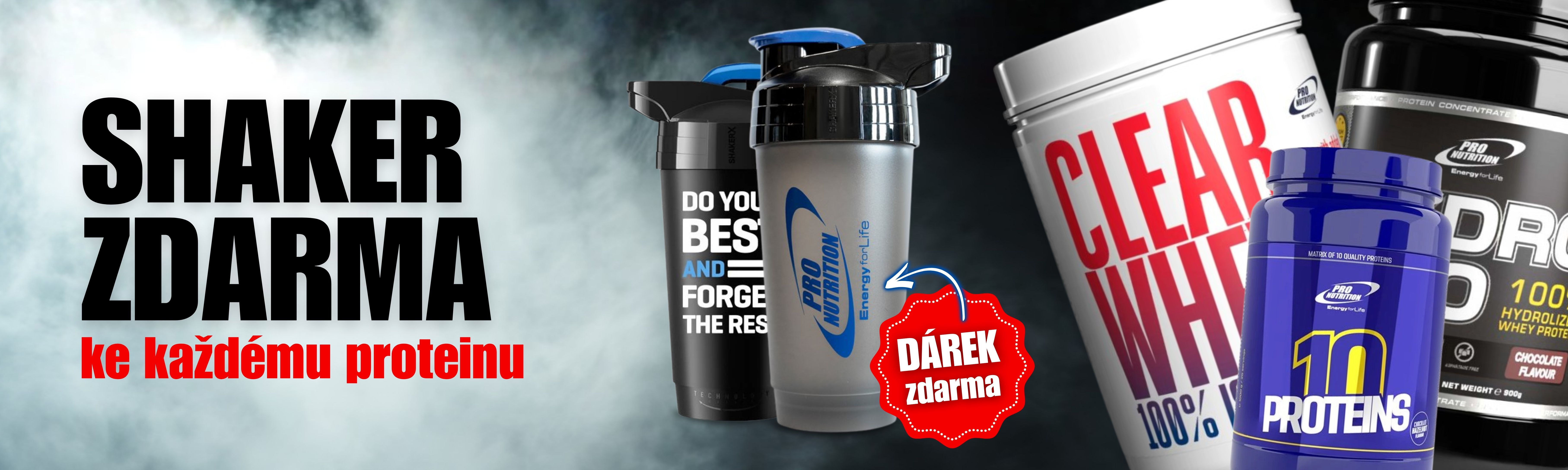 Shaker zdarma ke každému proteinu – promo banner Pro Nutrition s proteinovými doplňky a sportovními shakery, dárek k nákupu proteinů.