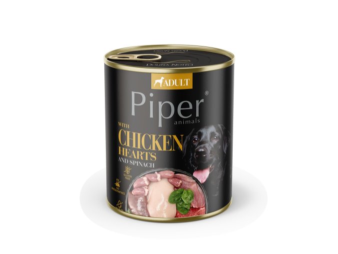PIPER S KUŘECÍMI SRDÍČKY, ŠPENÁTEM A HNĚDOU RÝŽÍ, KONZERVA PRO PSY 800 g
