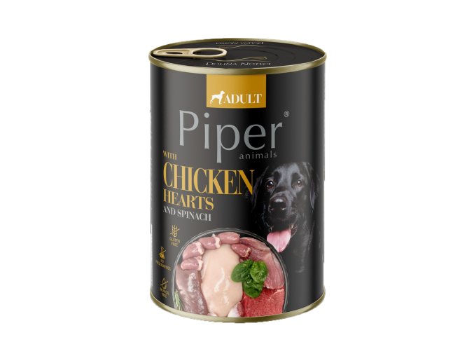 PIPER S KUŘECÍMI SRDÍČKY, ŠPENÁTEM A HNĚDOU RÝŽÍ 400 g