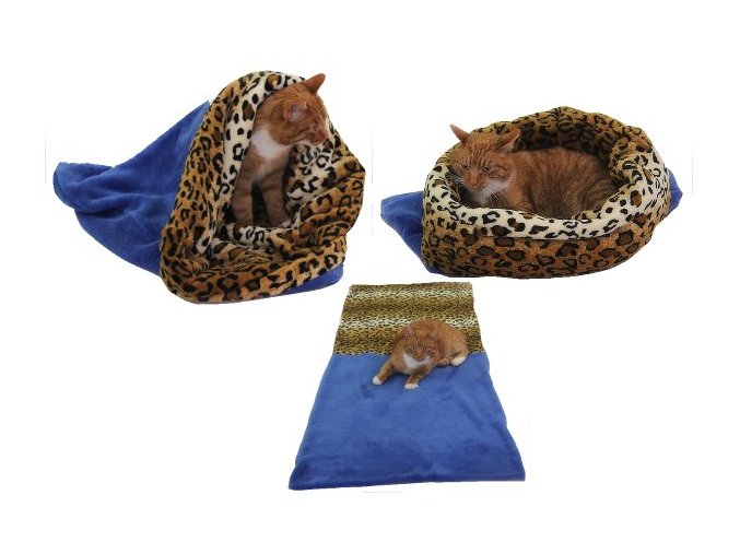 Marysa pelíšek 3v1 pro kočky, modrý/leopard, velikost XL