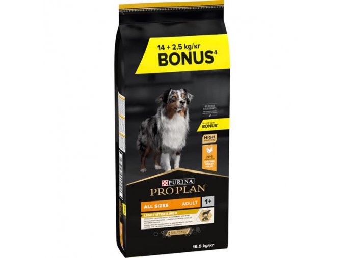 Pro Plan Dog Adult ALL SIZES Light/Sterilised kuře 14+2,5 kg zdarma