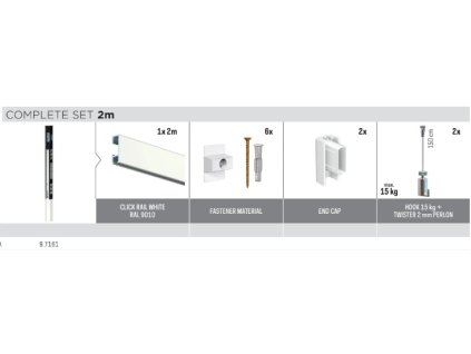 Set ClickRail 2m, bílá 9010, lanko perlon, háček do 15kg