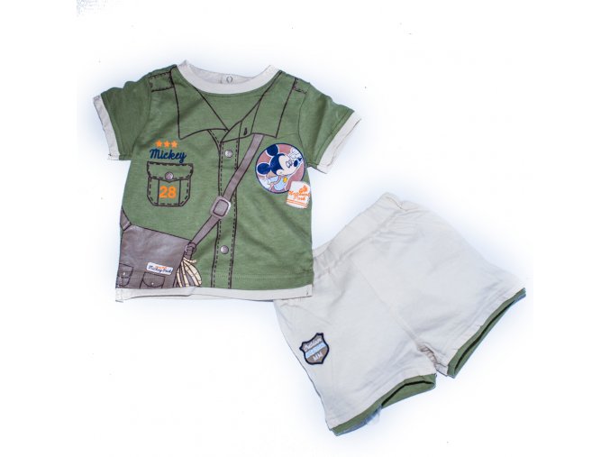 Kojenecký letní komplet kraťasy tričko  Mickey Mouse béžovo-zelený 0-2 roky