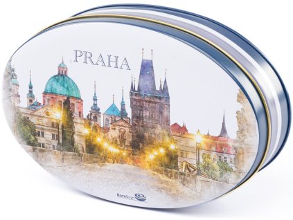 10038 Oválný plech PRAHA 125g mléčné čokoládové pralinky plněné lískooříškovým krémem 125g