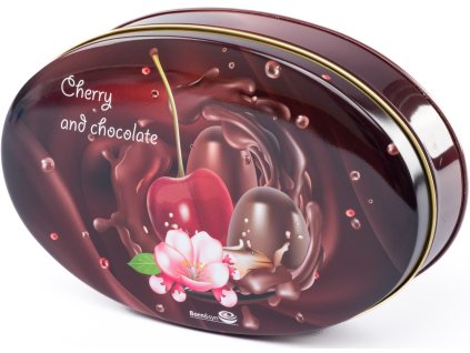 10039 oválný plech Cherry 125g mléčné čokoládové pralinky s višní v alkoholu 125g
