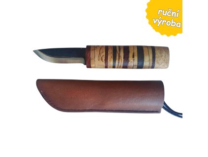 Nůž krátký s vrstvenou rukojetí a koženým obalem