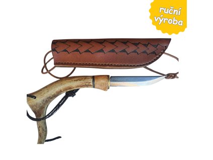 Nůž z neopracovaného parůžku se zdobeným pouzdrem a šňůrkou