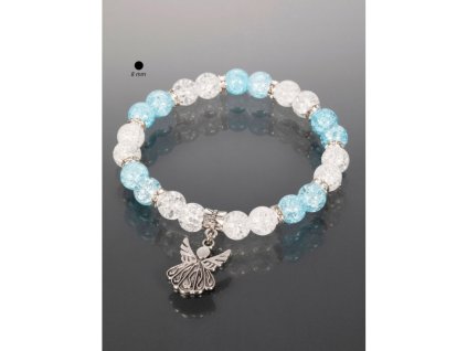 Náramek z pukaného křišťálu modré a bílé barvy s andílkem bílá