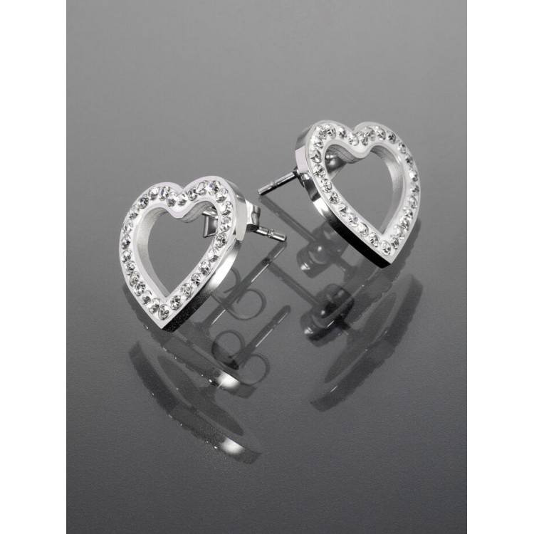 Prosperk Pecičky z chirurgické oceli srdíčko s krystalky stříbrná S0215