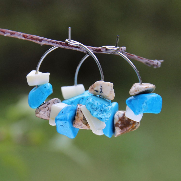 CircusMind Náušnice dámské tyrkysové kroužky se zlomky minerálů S0282