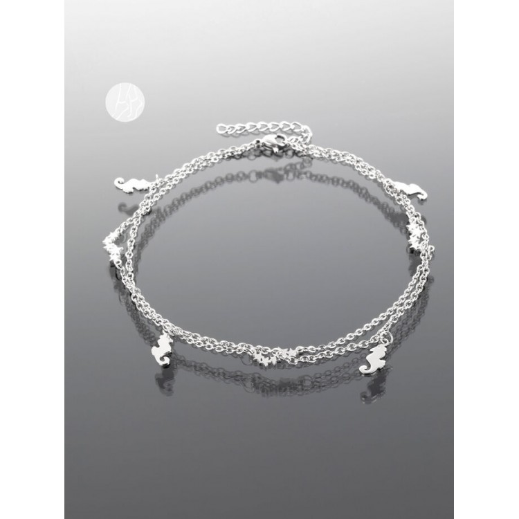 Prosperk Dvojitý řetízek na nohu mořský koník a hvězdy ocelová S0575