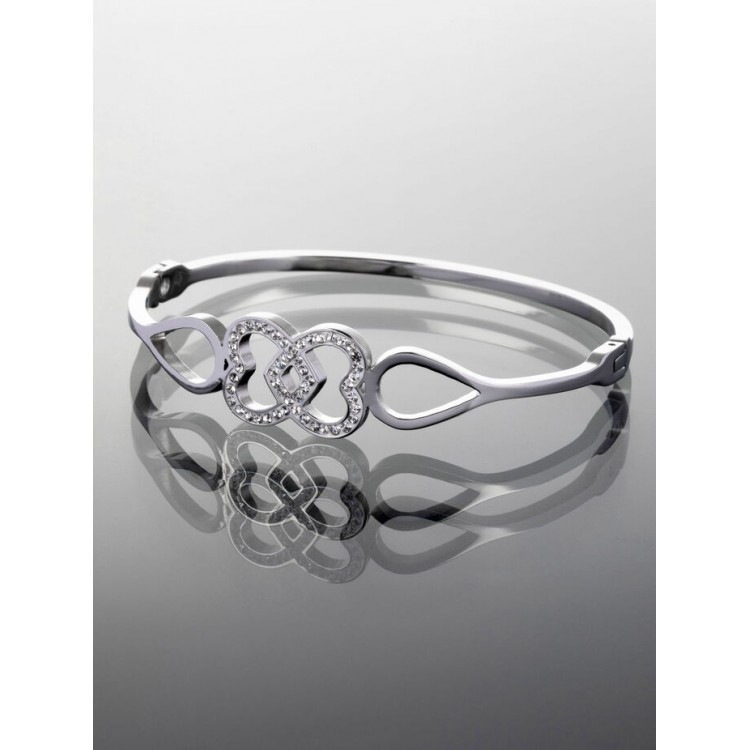 Prosperk Pevný náramek z chirurgické oceli s propojenými srdíčky s čirými krystaly S0882