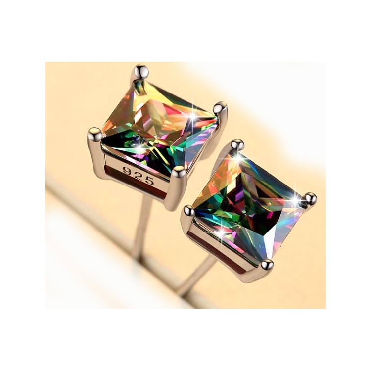 Prosperk Náušnice stříbrné pecky s duhovým krystalem hranaté S1146