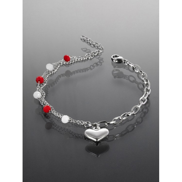 Prosperk Náramek z chirurgické oceli se srdíčkem stříbrná/červená S1218