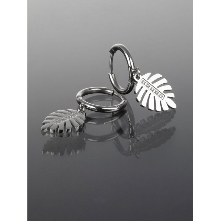 Prosperk Stříbrné náušnice z chirurgické oceli s přívěskem ve tvaru listu monstery s krystaly S1833