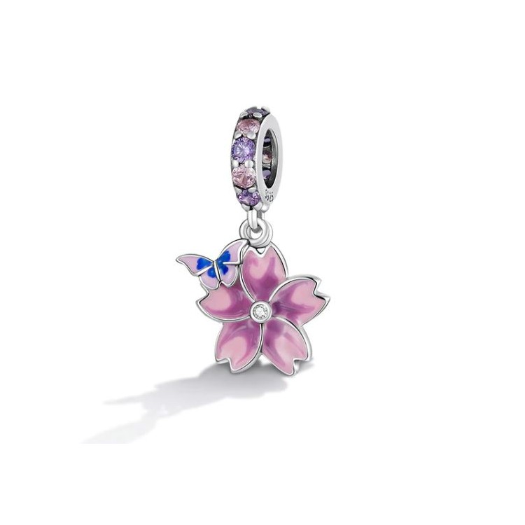 Prosperk Korálek stříbrný na náramek růžový květ a motýlek S1904