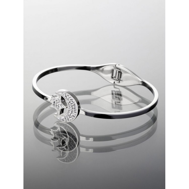 Prosperk Pevný náramek z chirurgické oceli s měsícem a hvězdou s čirými krystaly S2313