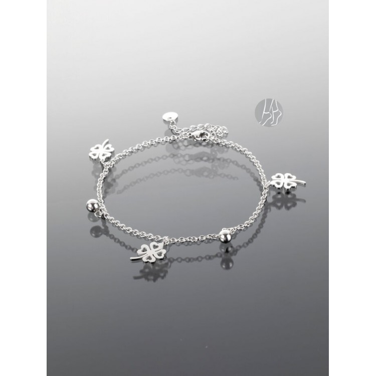 Prosperk Ocelový řetízek na nohu s čtyřlístky a kuličkami S2326