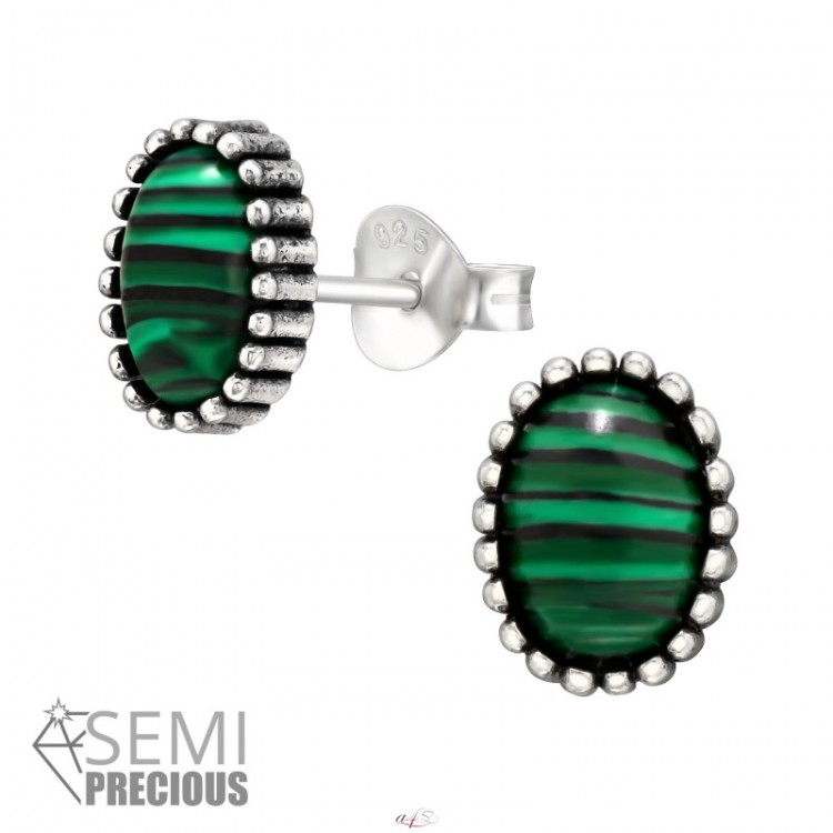 All4Silver Náušnice stříbro 925 s Malachitem pecky S2329