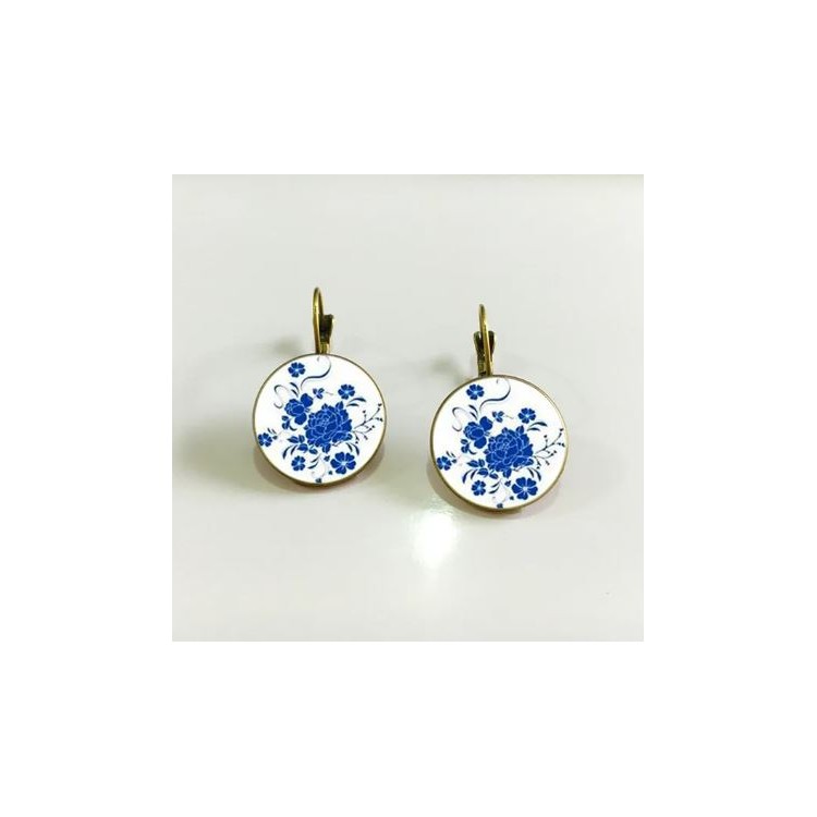 Prosperk Náušnice z pryskyřice mosazné s modrými kvítky S2398