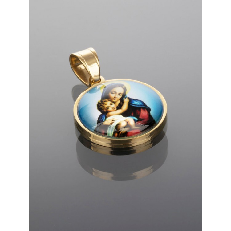 Prosperk Medailonek s Pannou Marií a malým Ježíškem modré barvy ze zlaté chirurgické oceli S2461