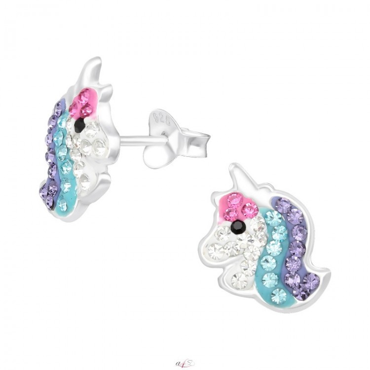 All4Silver Náušnice s barevnými krystalky jednorožci S3023