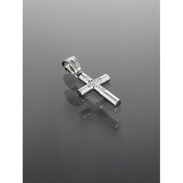 Prosperk Přívěsek z chirurgické oceli zakulacený stříbrný křížek S3190