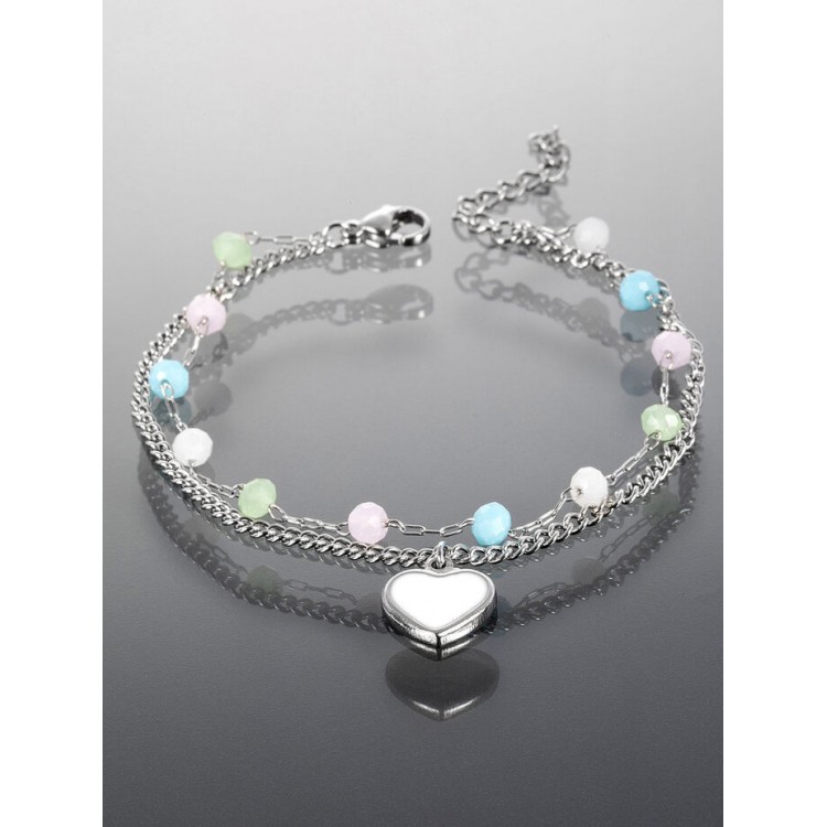 Prosperk Stříbrný náramek z chirurgické oceli se srdíčkem a barevnými kuličkami S3476