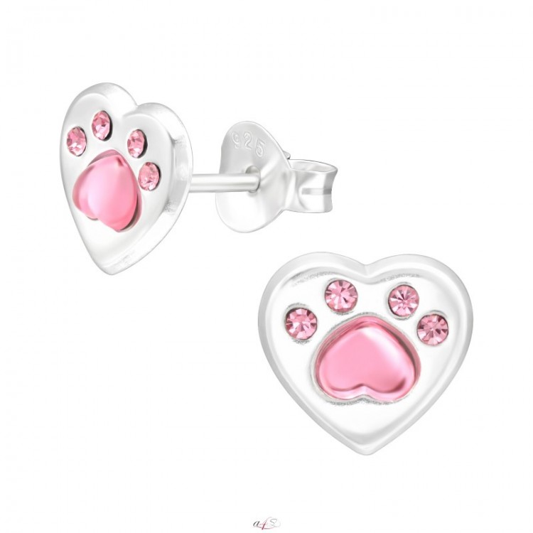 All4Silver Náušnice růžové tlapky v srdíčku S3695